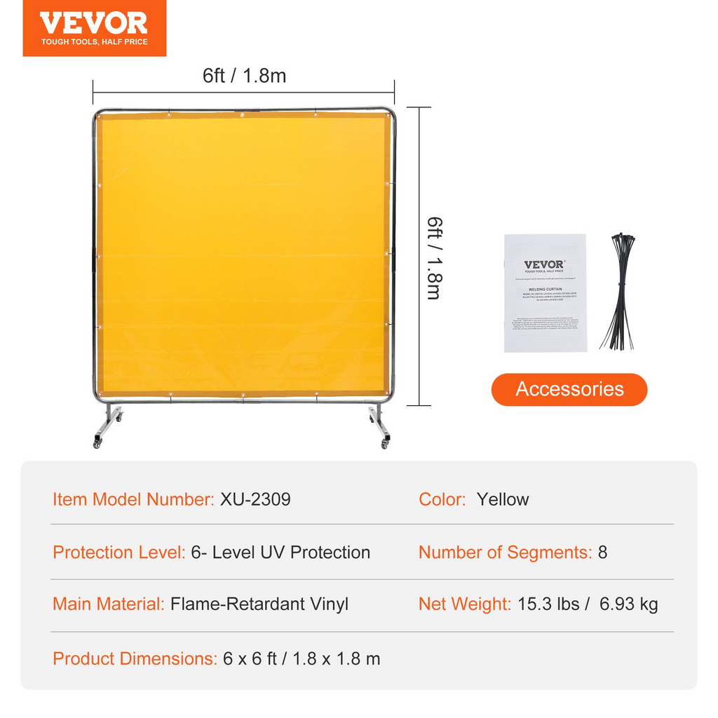 Pantalla de soldadura VEVOR con marco de 6' x 6' con 4 ruedas giratorias (2 bloqueables)