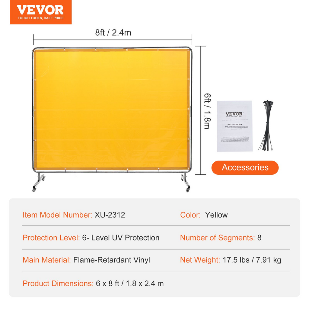 Pantalla de soldadura VEVOR con marco de 6' x 8' con 4 ruedas giratorias (2 bloqueables)