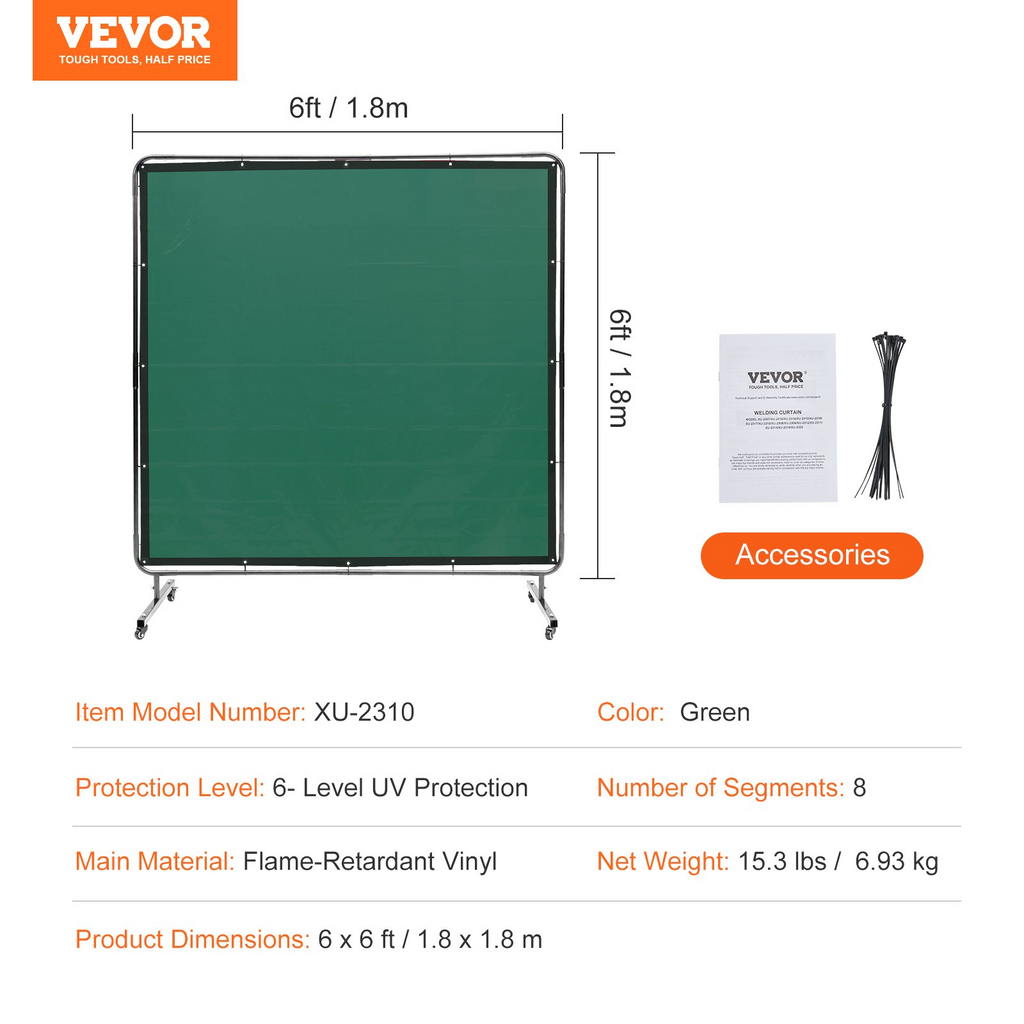 Pantalla de soldadura VEVOR con marco de 6' x 6' sobre 4 ruedas giratorias (2 bloqueables)