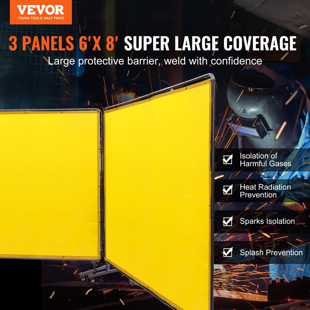 Pantalla de soldadura VEVOR con marco 6' x 8', 3 paneles de soldadura de vinilo resistente al fuego sobre 12 ruedas giratorias (6 bloqueables) movible y profesional para taller amarillo