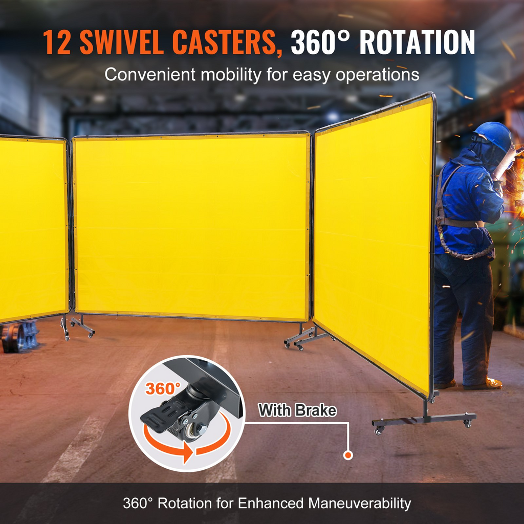 Pantalla de soldadura VEVOR con marco 6' x 8', 3 paneles de soldadura de vinilo resistente al fuego sobre 12 ruedas giratorias (6 bloqueables) movible y profesional para taller amarillo