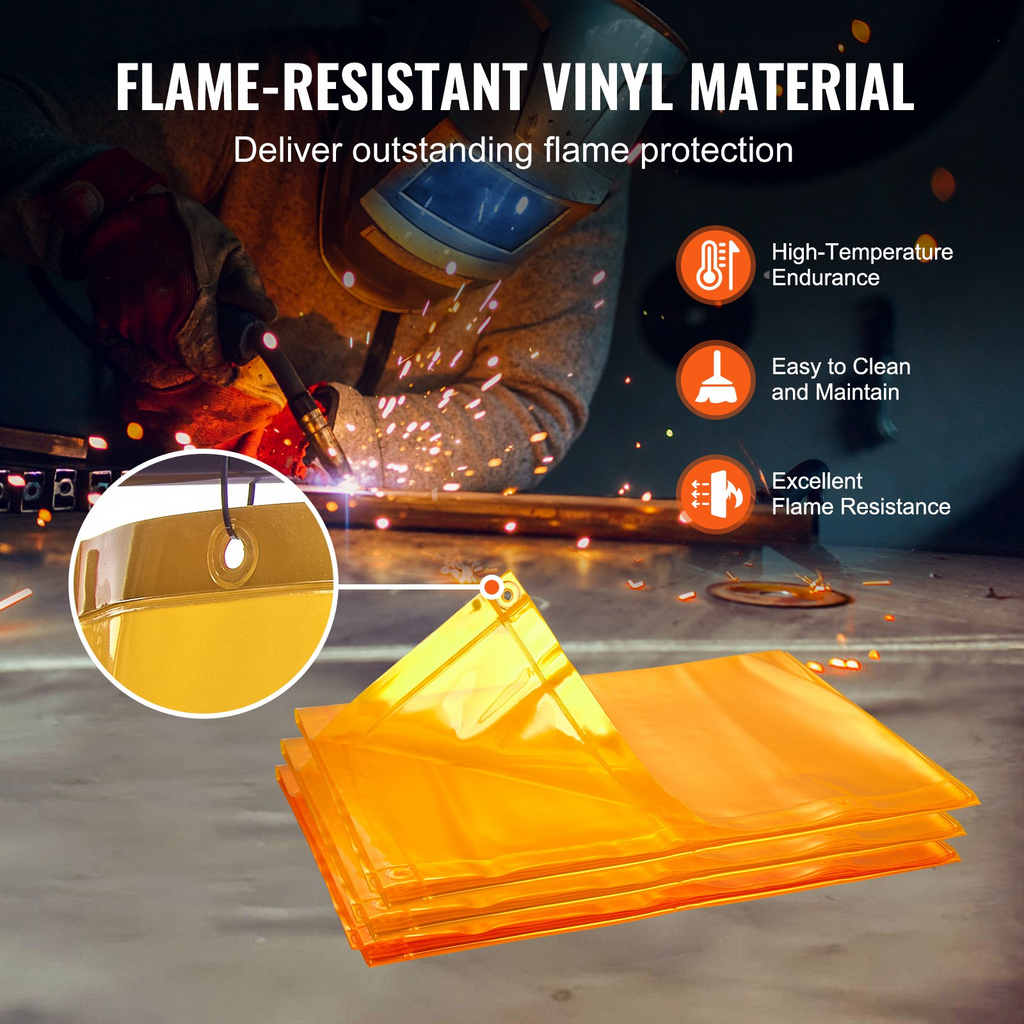 Pantalla de soldadura VEVOR con marco 6' x 8', 3 paneles de soldadura de vinilo resistente al fuego sobre 12 ruedas giratorias (6 bloqueables) movible y profesional para taller amarillo
