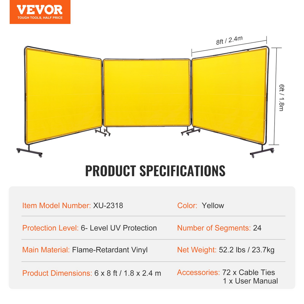 Pantalla de soldadura VEVOR con marco 6' x 8', 3 paneles de soldadura de vinilo resistente al fuego sobre 12 ruedas giratorias (6 bloqueables) movible y profesional para taller amarillo