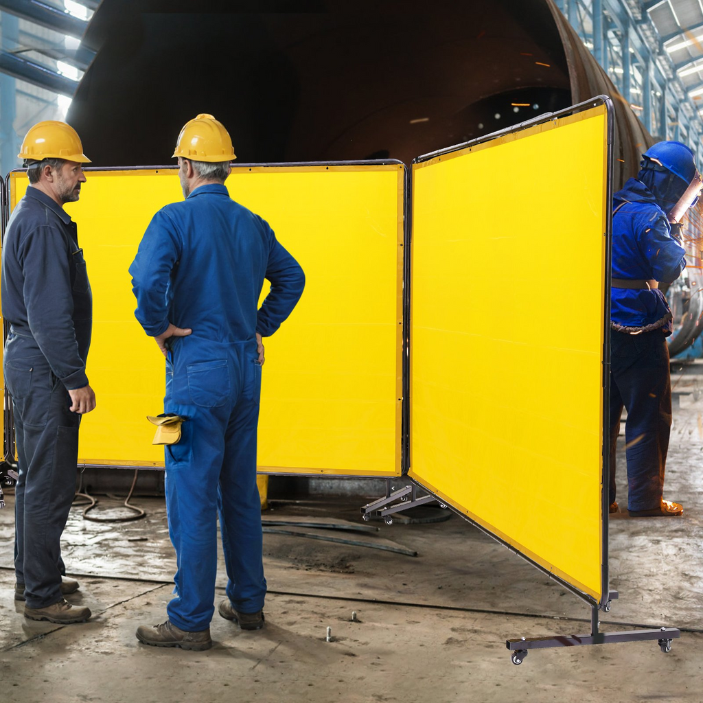 Pantalla de soldadura VEVOR con marco 6' x 8', 3 paneles de soldadura de vinilo resistente al fuego sobre 12 ruedas giratorias (6 bloqueables) movible y profesional para taller amarillo