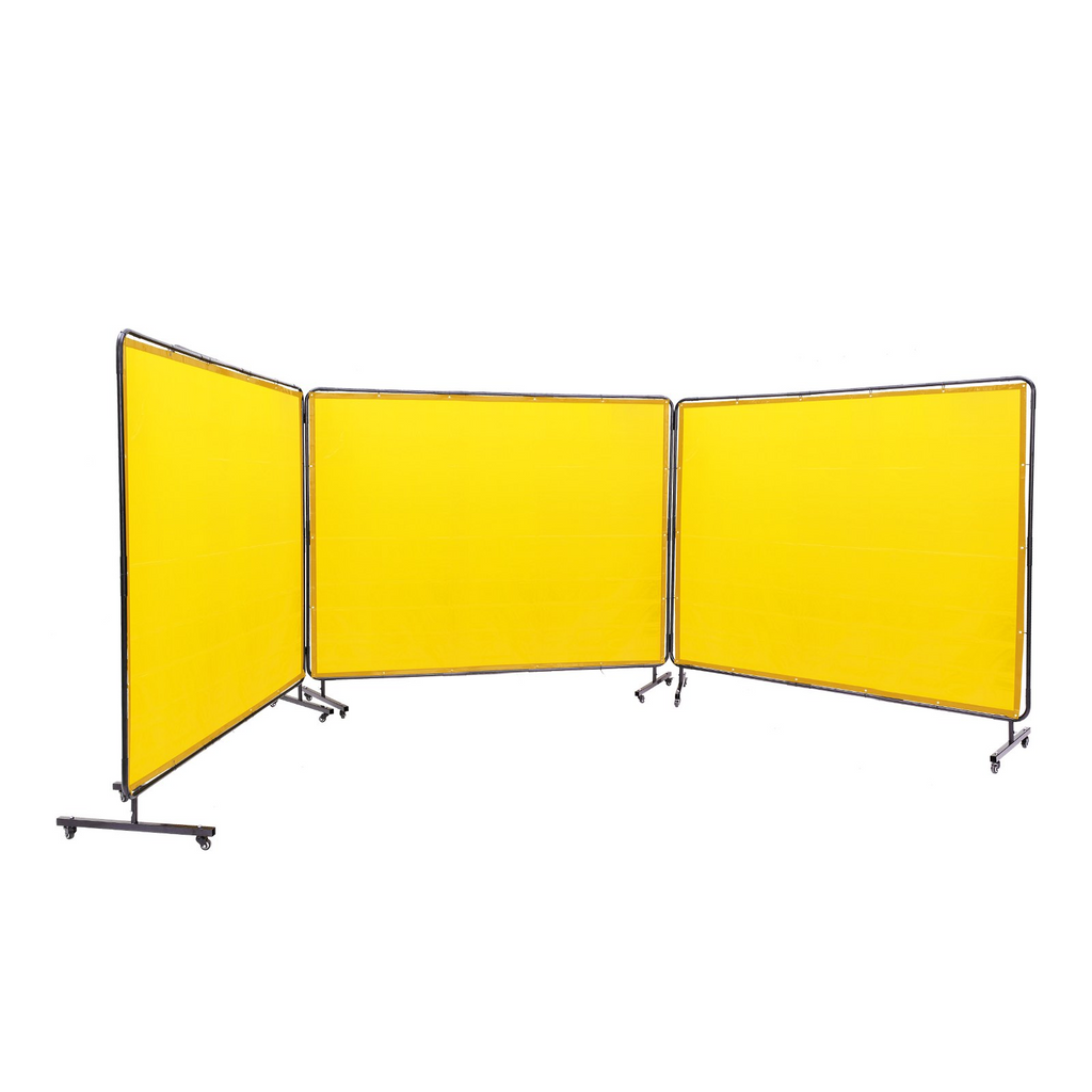 Pantalla de soldadura VEVOR con marco 6' x 8', 3 paneles de soldadura de vinilo resistente al fuego sobre 12 ruedas giratorias (6 bloqueables) movible y profesional para taller amarillo