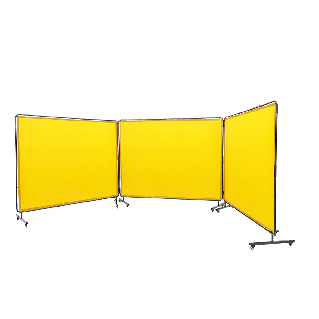 Pantalla de soldadura VEVOR con marco 6' x 8', 3 paneles de soldadura de vinilo resistente al fuego sobre 12 ruedas giratorias (6 bloqueables) movible y profesional para taller amarillo