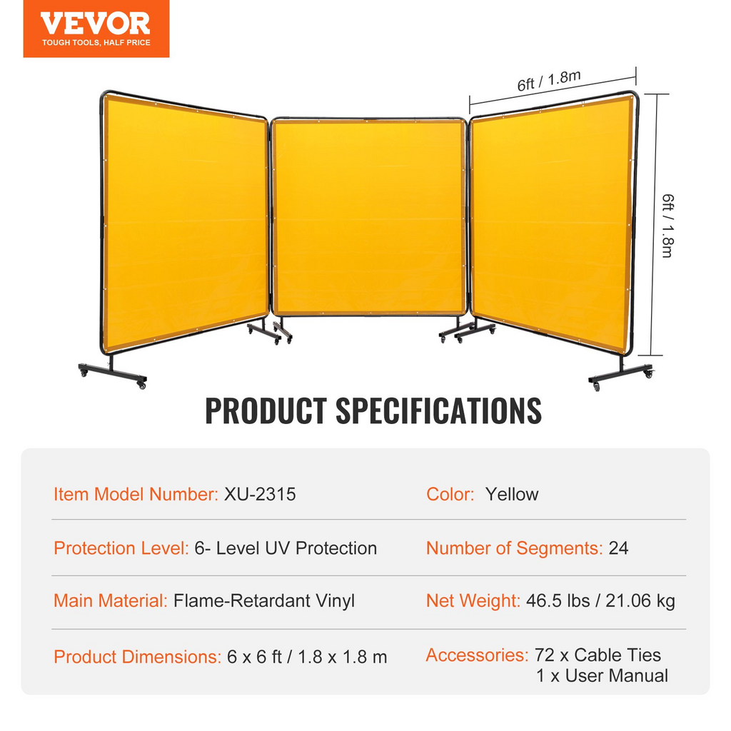 Pantalla de soldadura VEVOR con marco 6' x 6', 3 paneles