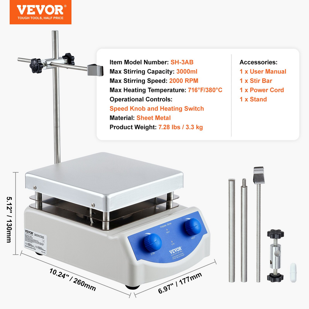 Placa calefactora con agitador magnético VEVOR máx. 716 °F/380 °C de 0 a 2000 RPM con agitador magnético 3000 ml 500 W