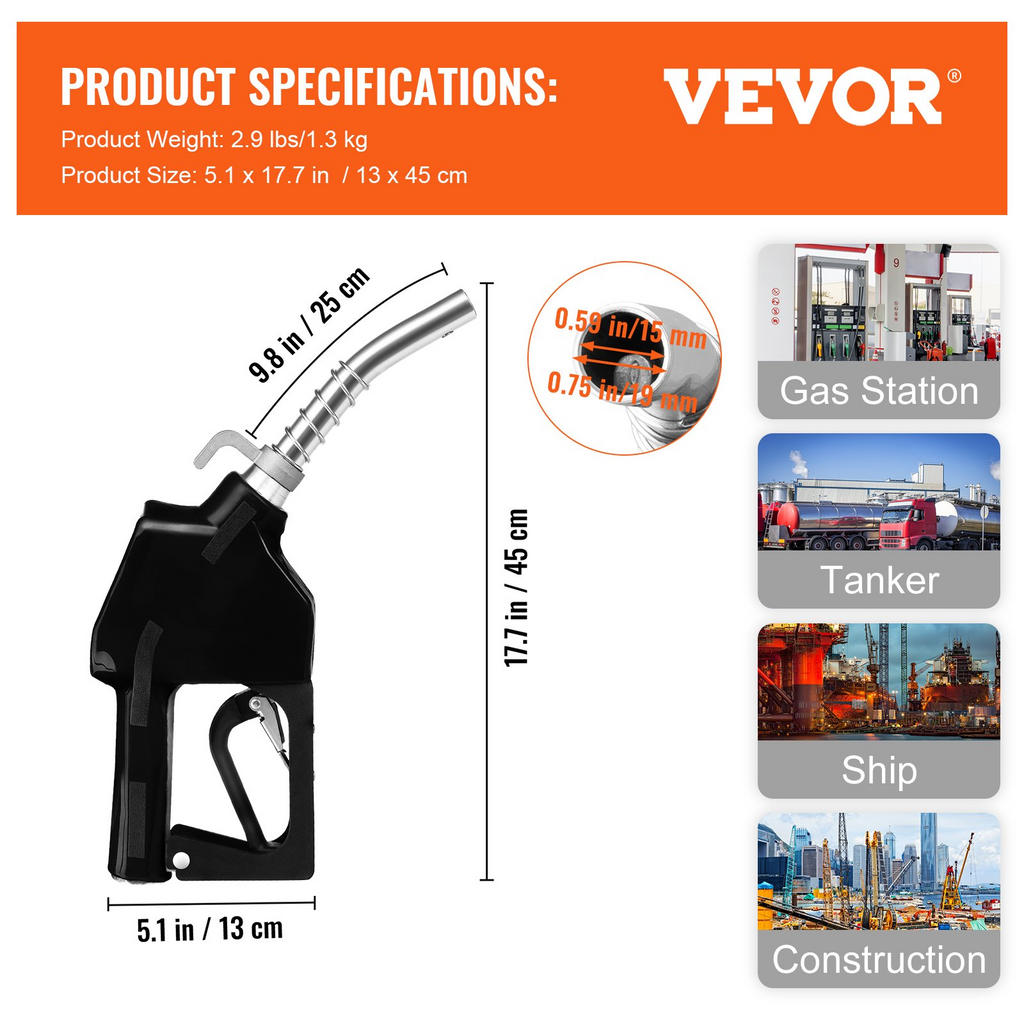 Boquilla de combustible automática VEVOR con cierre de combustible, boquilla de 3/4" NPT y 13/16" para recarga de combustible diésel  JH2