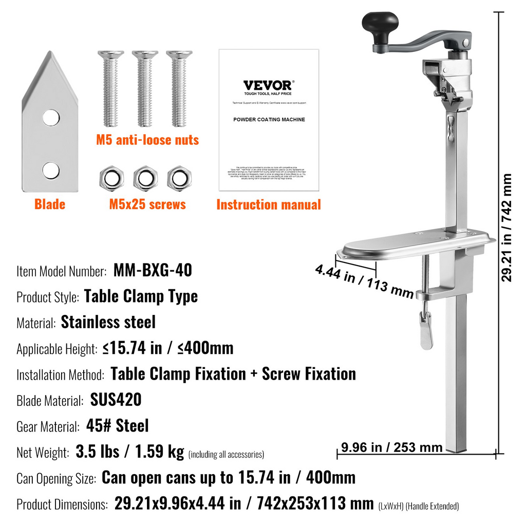 VEVOR Abrelatas manual de altura ajustable para latas de hasta 15,7" de alto