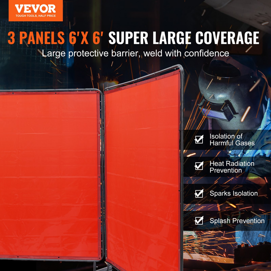 Pantalla de soldadura VEVOR con marco 6' x 6', 3 paneles resistente al fuego sobre 12 ruedas giratorias (6 bloqueables)