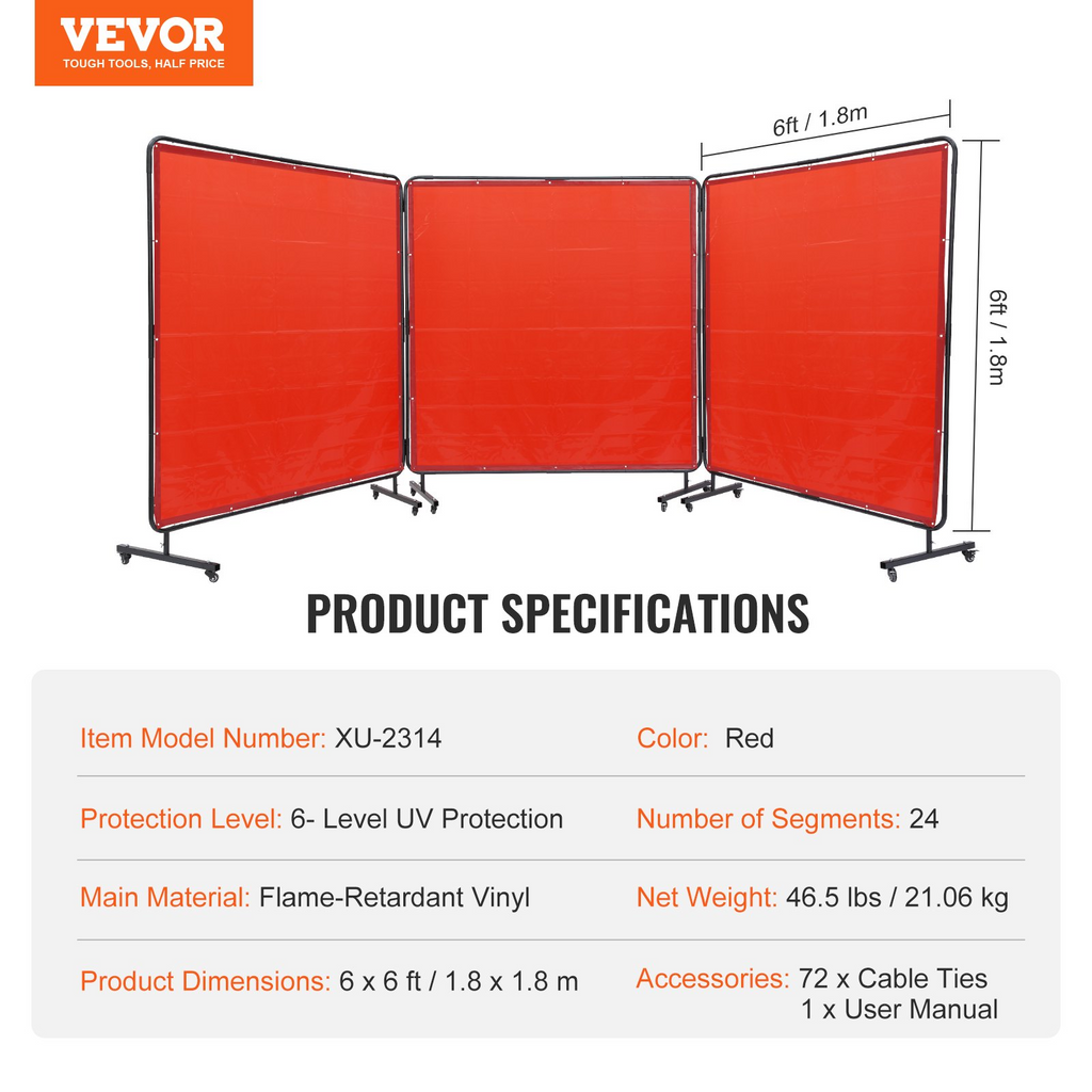 Pantalla de soldadura VEVOR con marco 6' x 6', 3 paneles resistente al fuego sobre 12 ruedas giratorias (6 bloqueables)