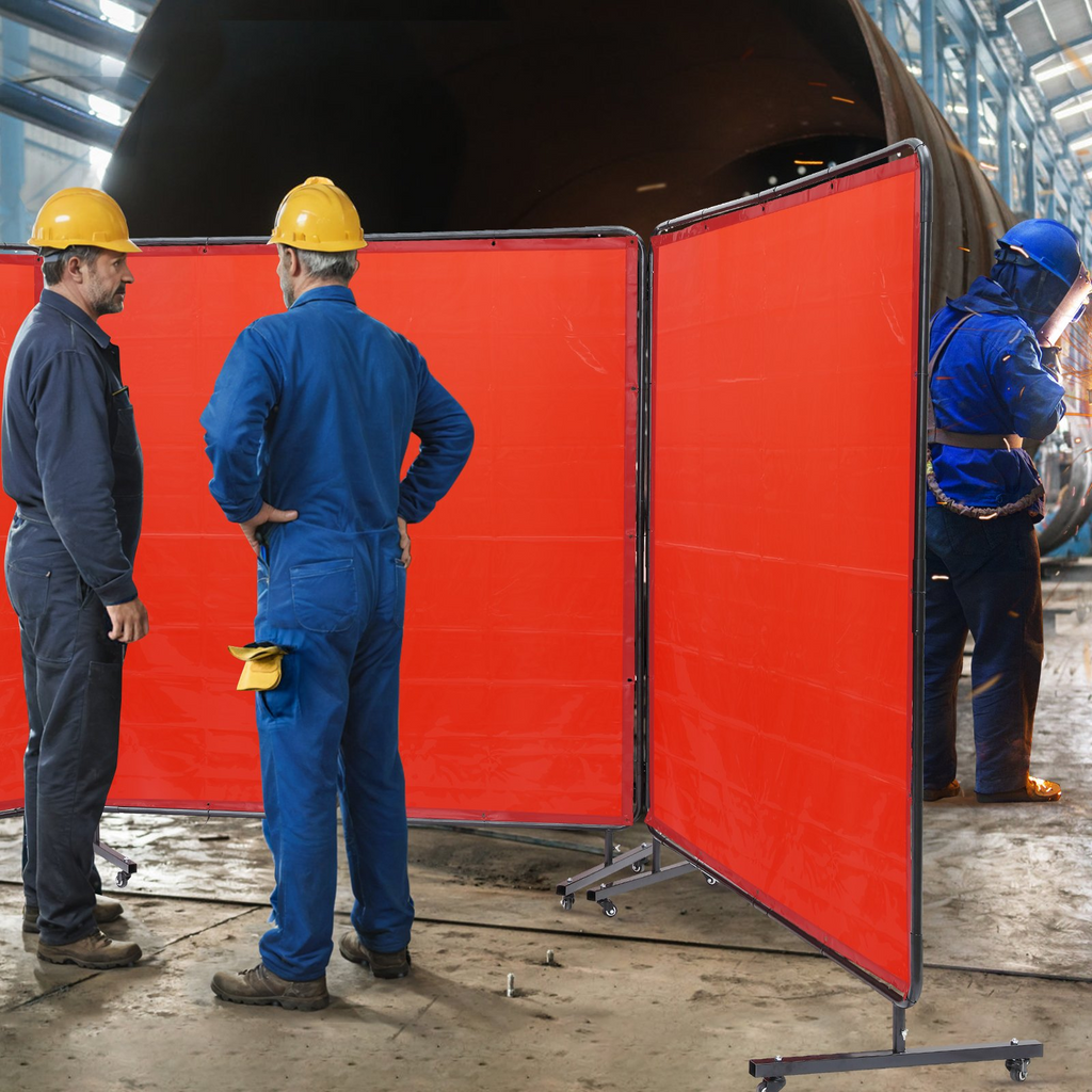 Pantalla de soldadura VEVOR con marco 6' x 6', 3 paneles resistente al fuego sobre 12 ruedas giratorias (6 bloqueables)