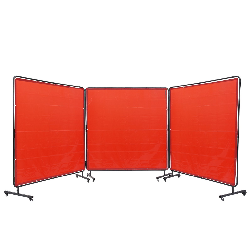 Pantalla de soldadura VEVOR con marco 6' x 6', 3 paneles resistente al fuego sobre 12 ruedas giratorias (6 bloqueables)