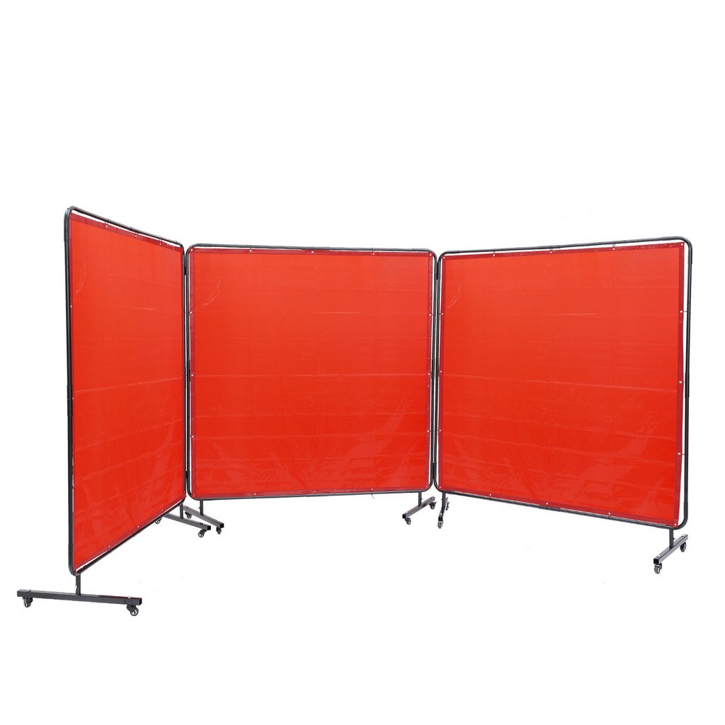 Pantalla de soldadura VEVOR con marco 6' x 6', 3 paneles resistente al fuego sobre 12 ruedas giratorias (6 bloqueables)
