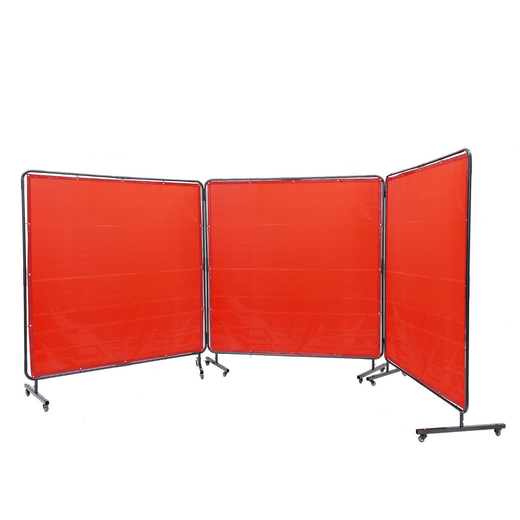 Pantalla de soldadura VEVOR con marco 6' x 6', 3 paneles resistente al fuego sobre 12 ruedas giratorias (6 bloqueables)