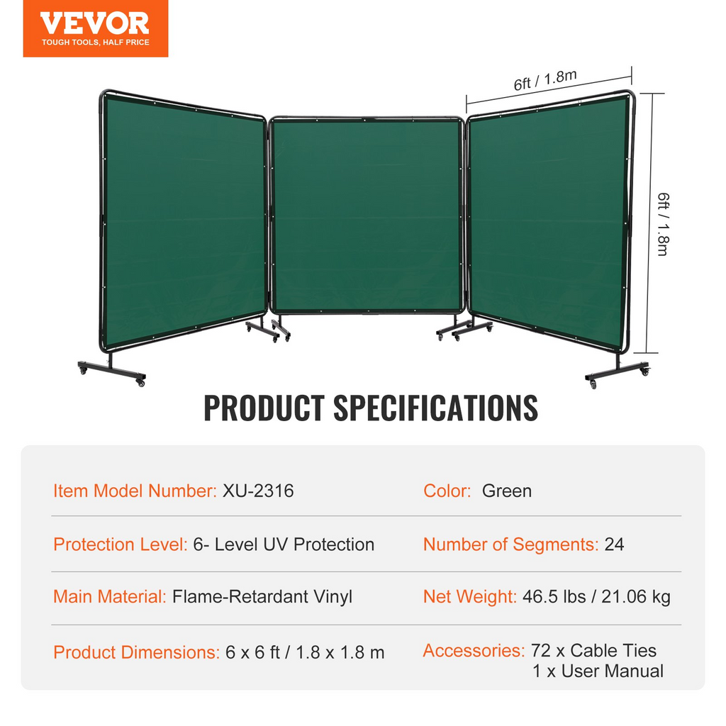 Pantalla de soldadura VEVOR con marco 6' x 6' 3 paneles