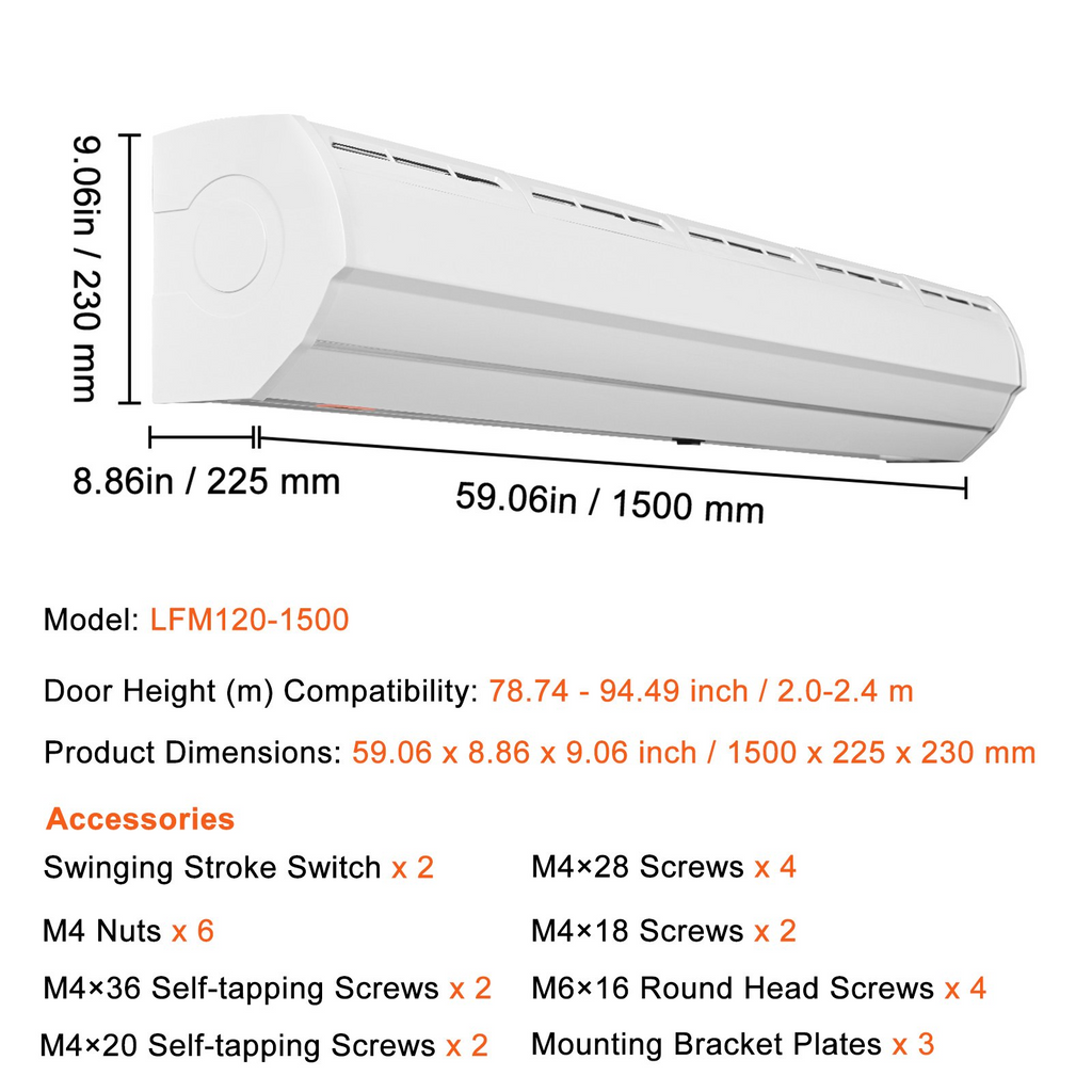 Cortina de aire comercial para interiores VEVOR de 60" de gran potencia 2 velocidades 1500 CFM 110 V
