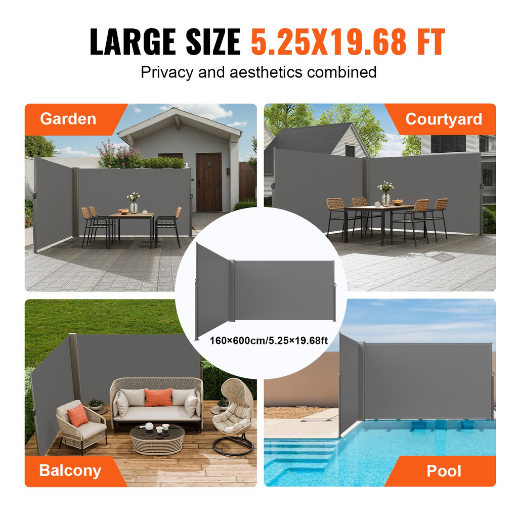 Toldo lateral retráctil VEVOR 63'' x 236'' pantalla solar para patio completamente de aluminio a prueba de óxido