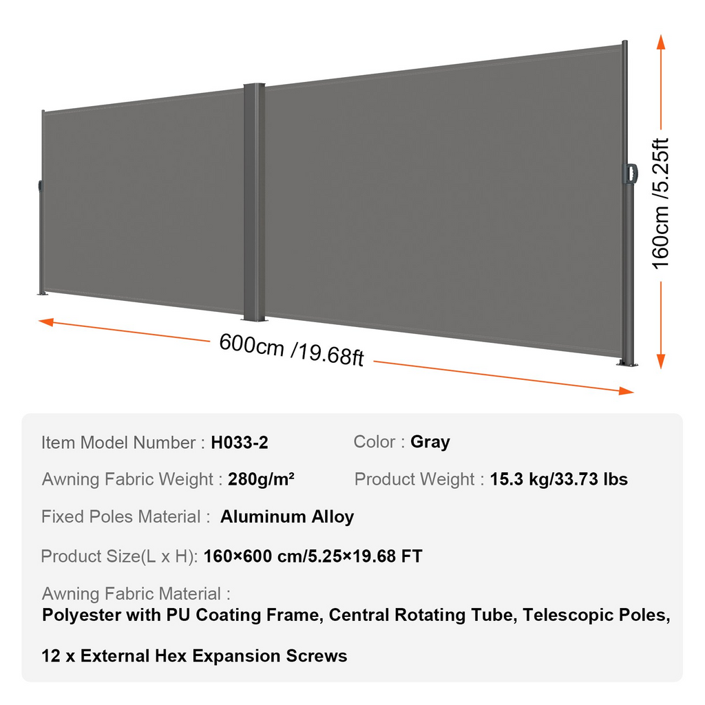 Toldo lateral retráctil VEVOR 63'' x 236'' pantalla solar para patio completamente de aluminio a prueba de óxido