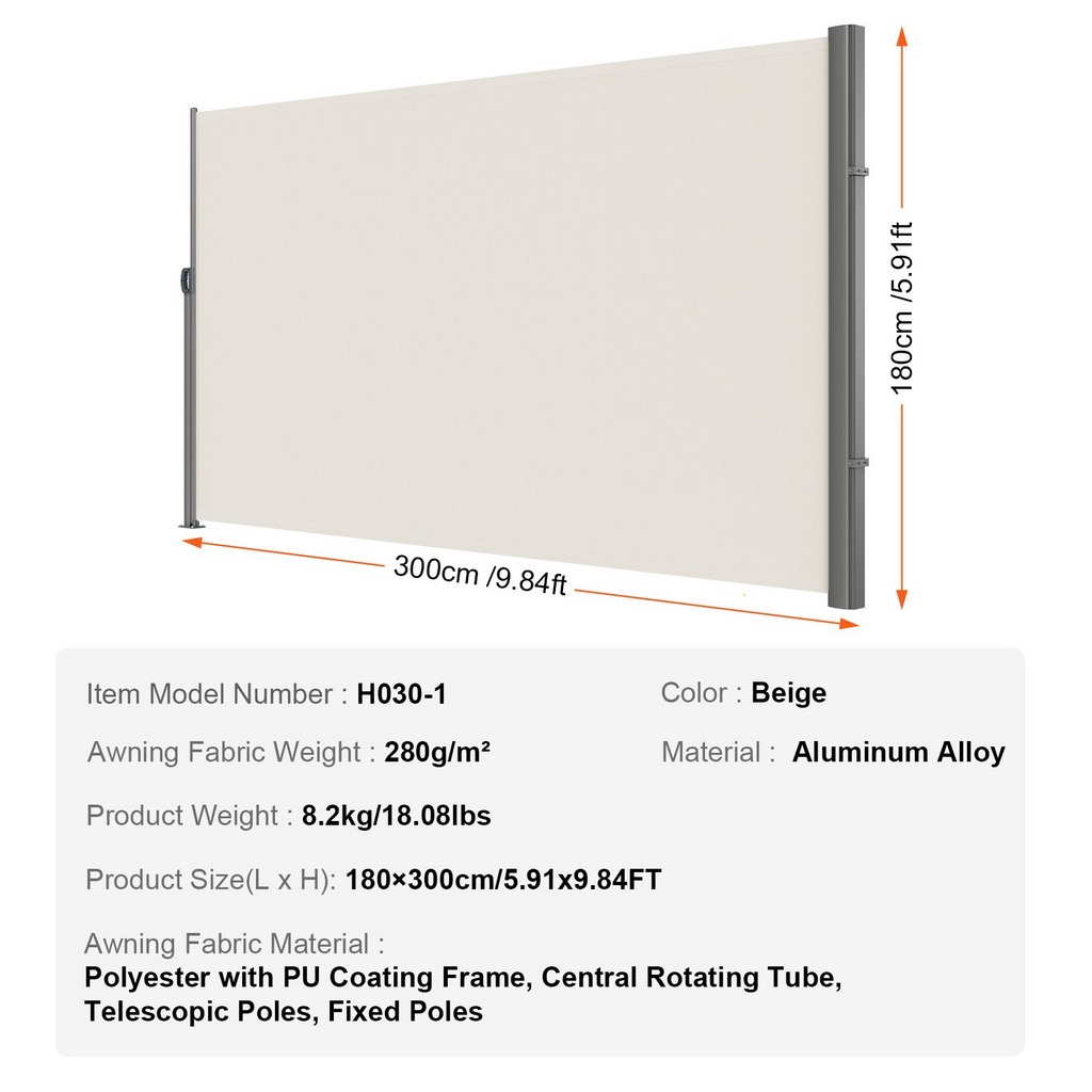 Toldo retráctil beige VEVOR de 180 x 300 cm (71 x 118 in) de aluminio resistente