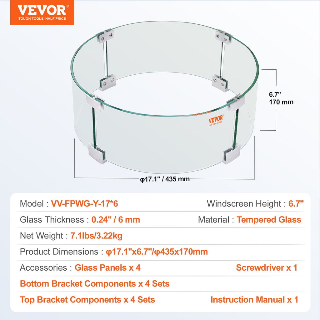 VEVOR protector de llama de vidrio redondo de 17 x 6,7 pulgadas