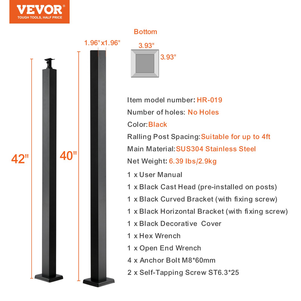 VEVOR Poste de pasamanos de cable para cubierta nivel de poste de 42 x 1,97 x 1,97 pulgadas