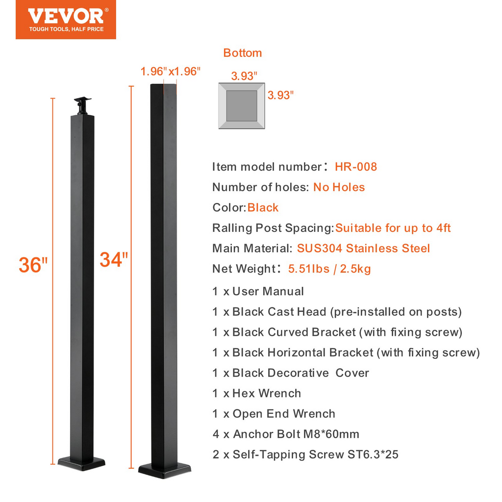 VEVOR Poste de pasamanos de acero inoxidable de 36" x 2" x 2" sin orificios