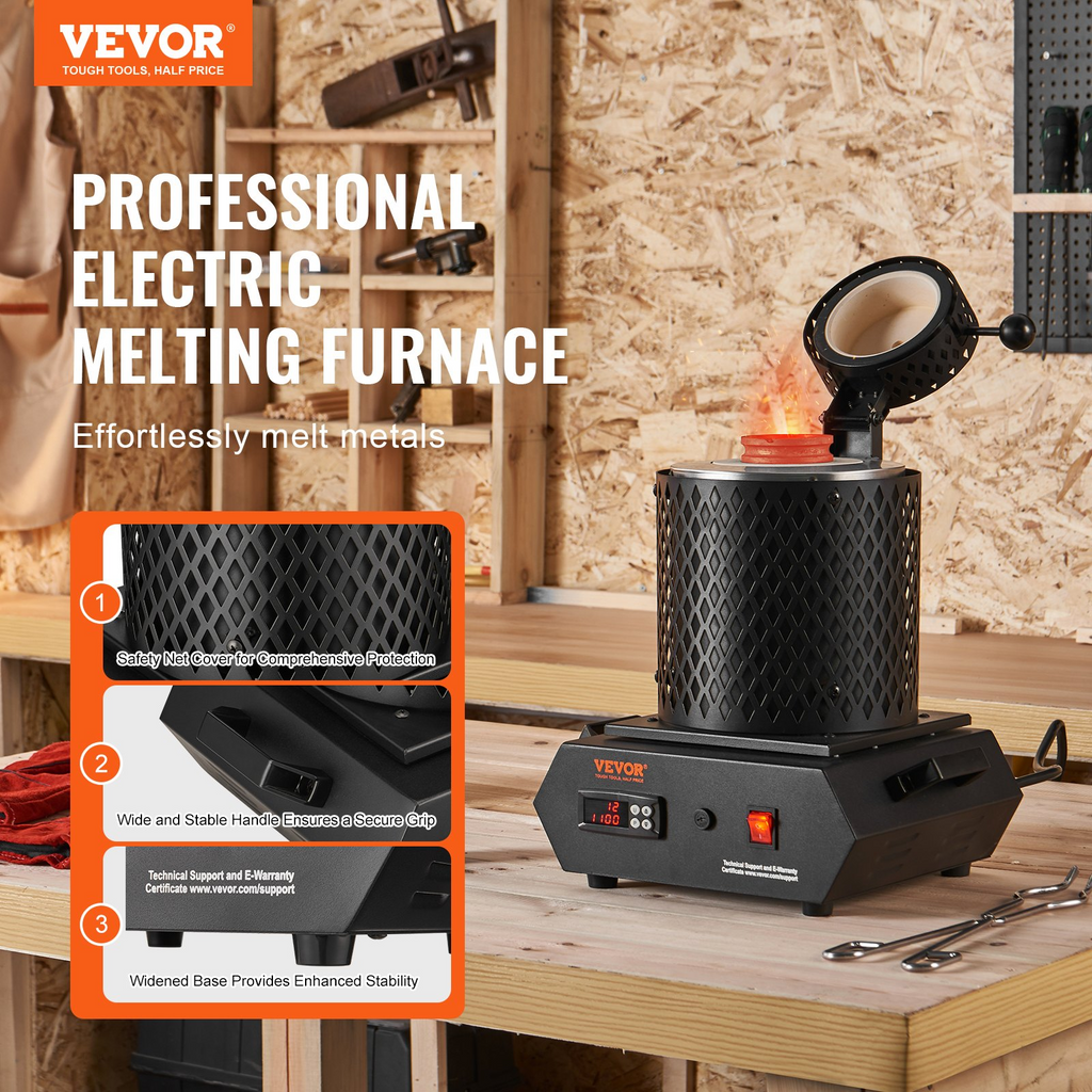 Horno de fusión de oro VEVOR de 1350 W,  horno de fusión eléctrico de 2102 ℉/1150 ℃ con crisoles de grafito de 1 kg y 3 kg