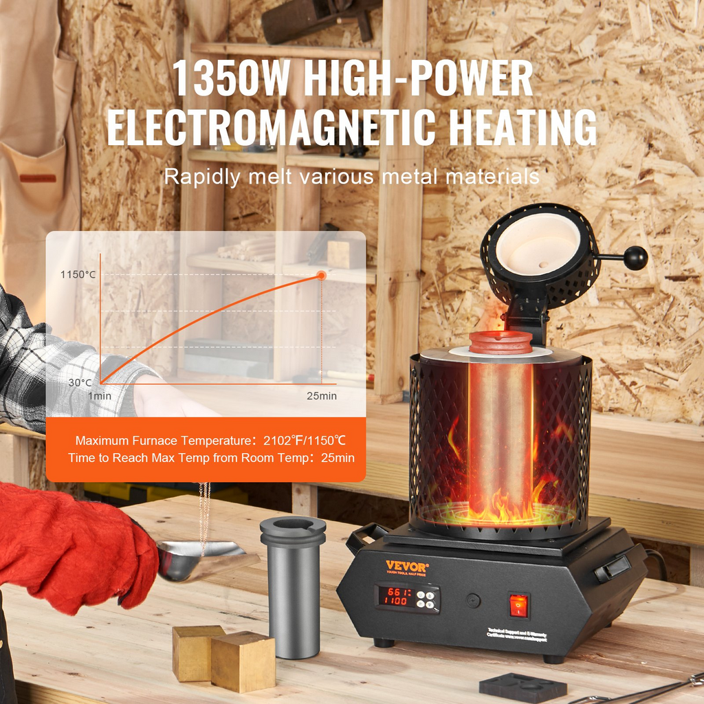 Horno de fusión de oro VEVOR de 1350 W,  horno de fusión eléctrico de 2102 ℉/1150 ℃ con crisoles de grafito de 1 kg y 3 kg