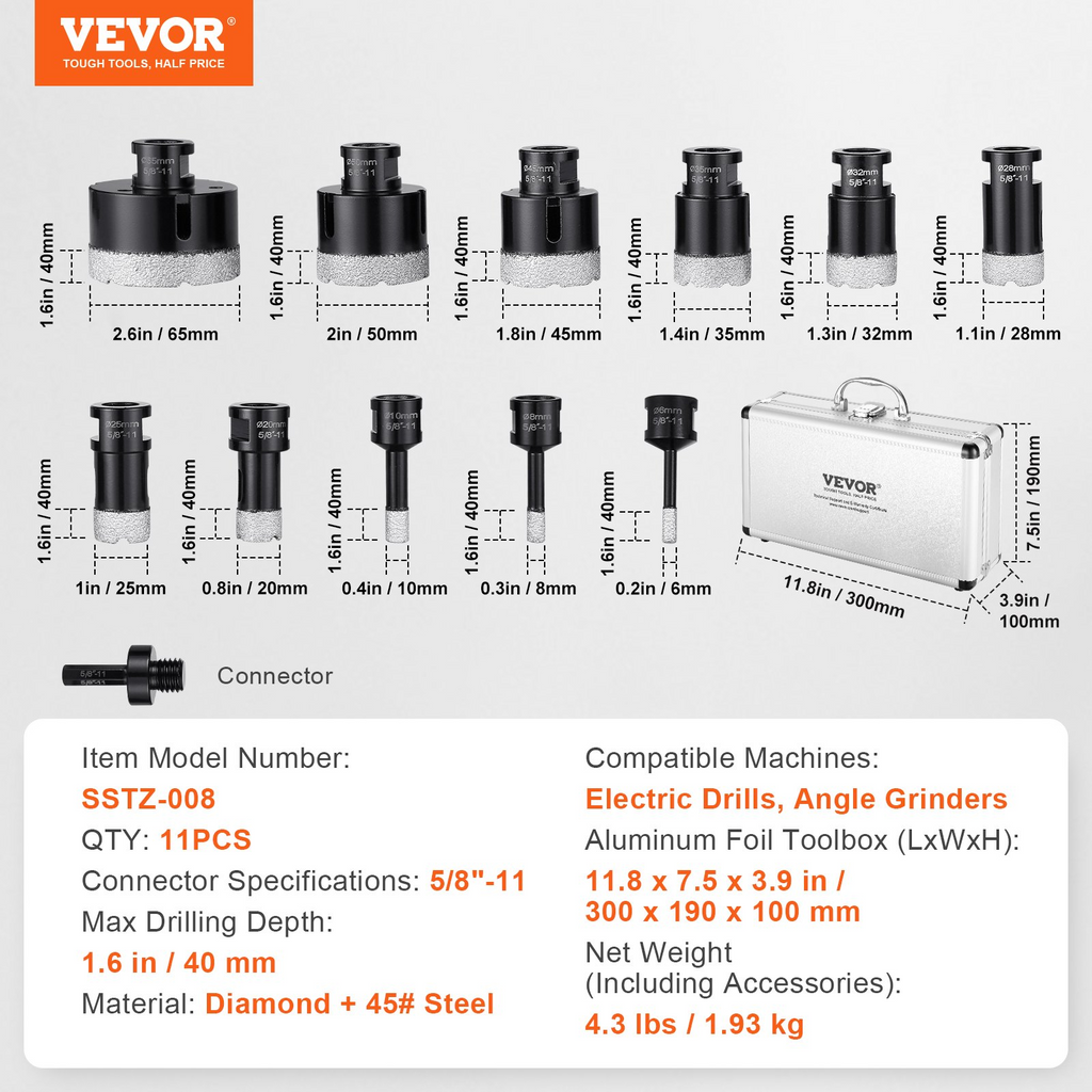 VEVOR Juego de brocas de diamante para perforar con núcleo 11 piezas 6/8/10/20/25/28/32/35/45/50/65 mm con conector de 5/8"-11