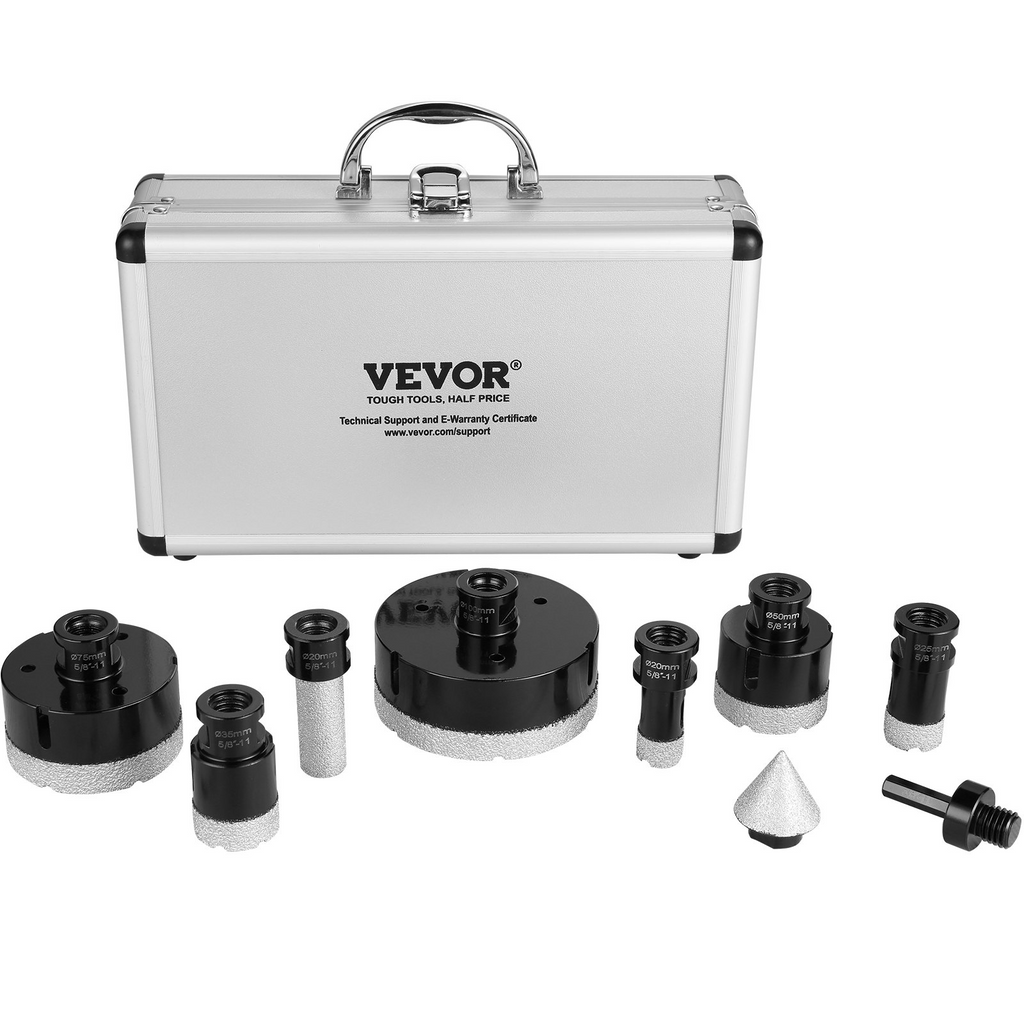 VEVOR Juego de brocas de diamante para perforar con núcleo 6 piezas de 20/25/35/50/75/100 mm con broca de fresado de dedo hoja de sierra cónica y estuche de almacenamiento para uso seco y húmedo brocas de diamante para baldosas de cerámica