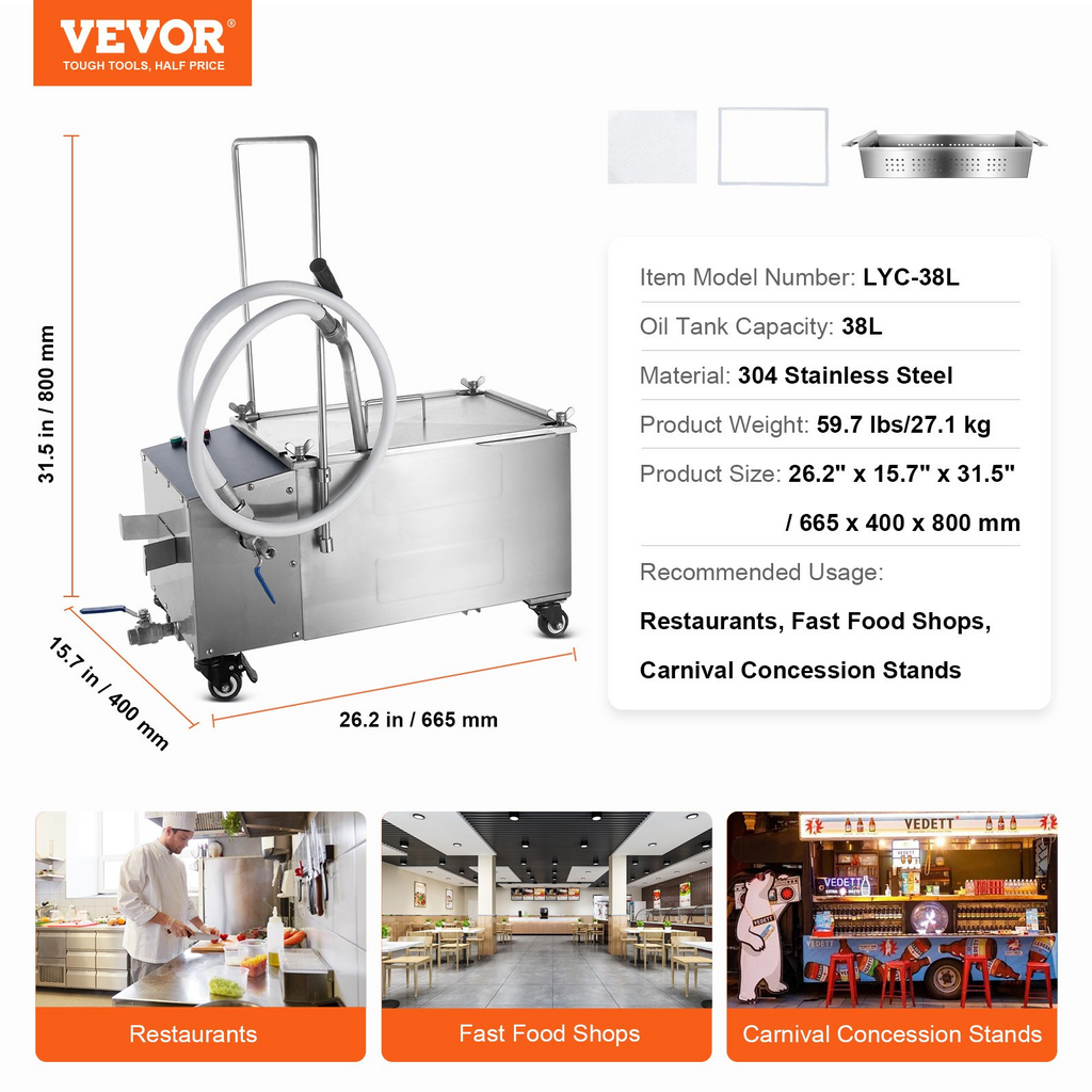Filtro para freidora móvil VEVOR capacidad del tanque de aceite de 38 l