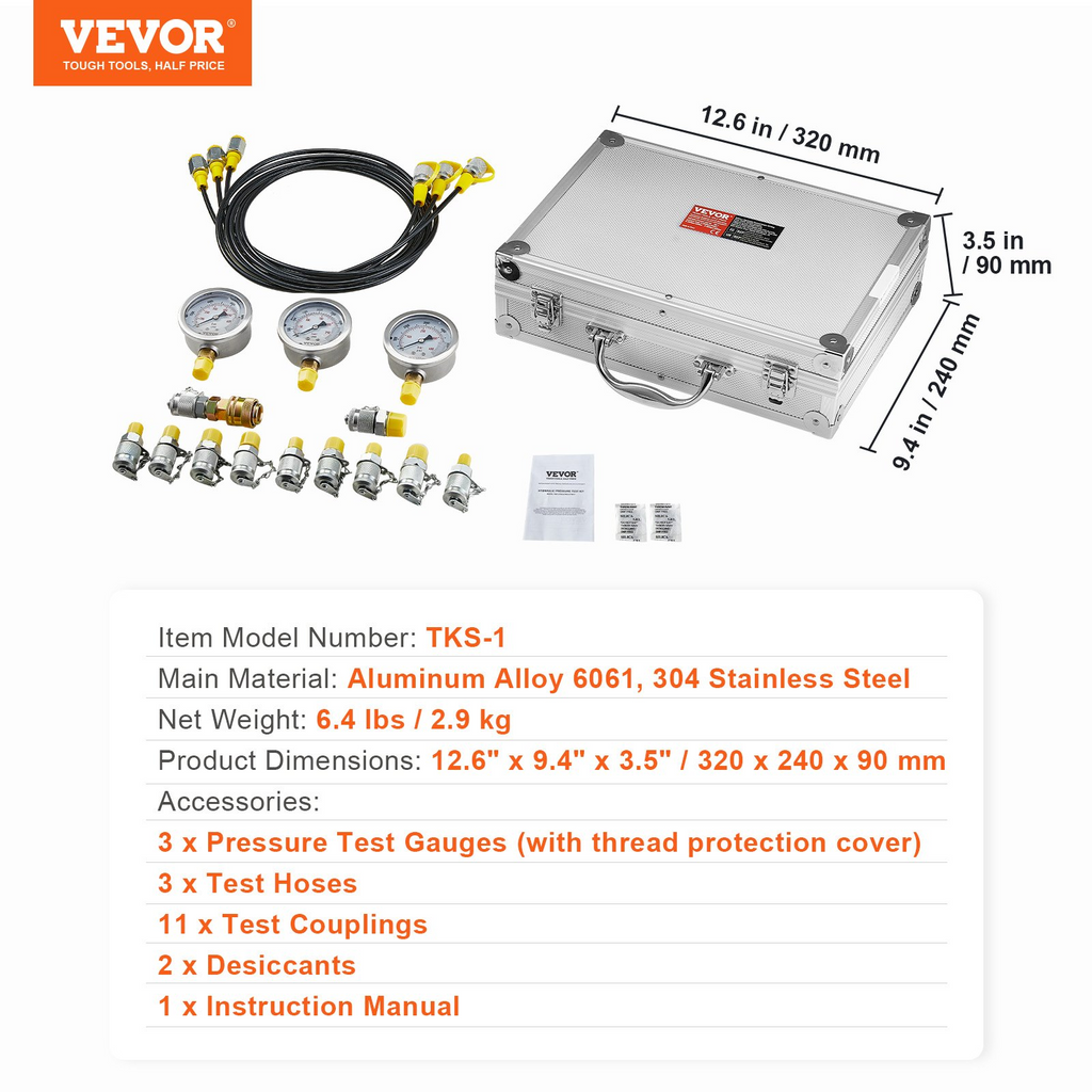 Kit de prueba de presión hidráulica VEVOR 250/400/600 bar 3 manómetros