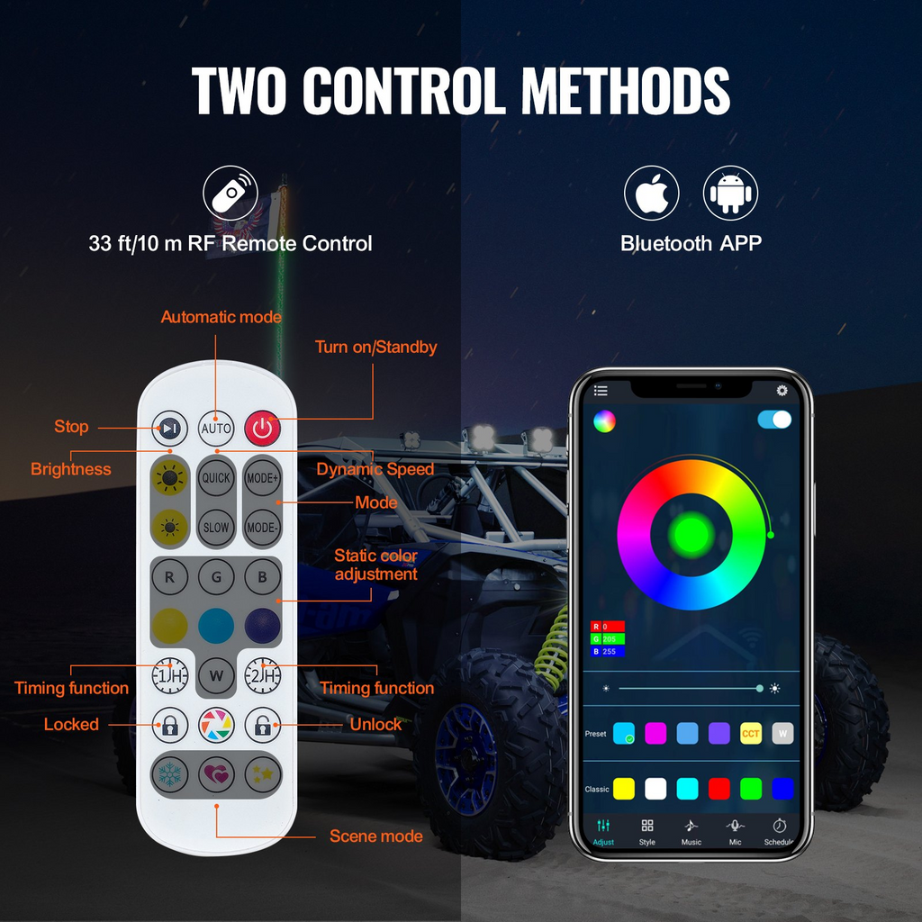 VEVOR Whip Light y control remoto Impermeable 360° con 2 banderas