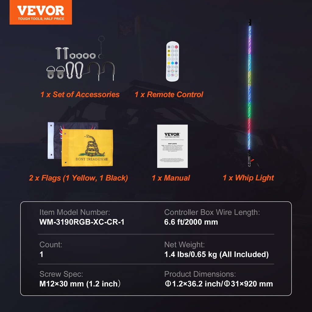 VEVOR Whip Light y control remoto Impermeable 360° con 2 banderas
