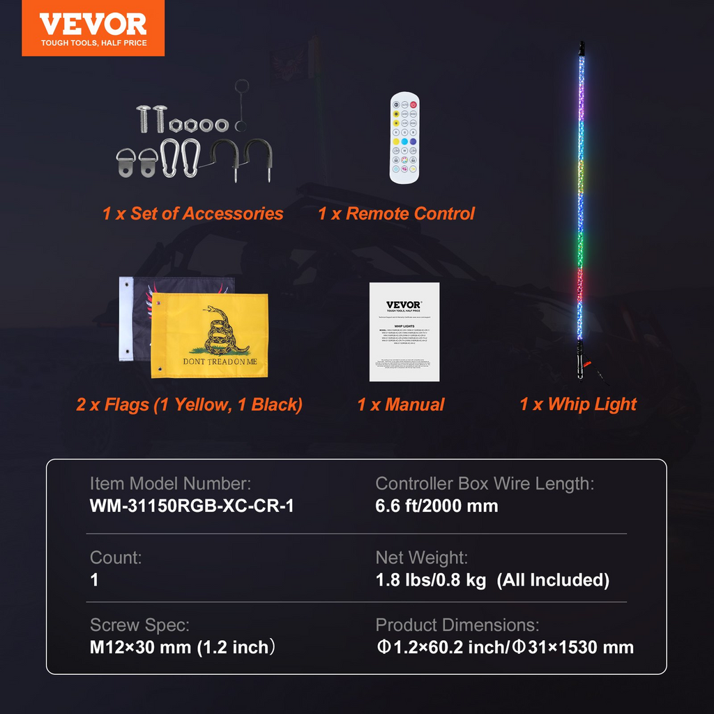 VEVOR 1 unidad de luz LED tipo látigo de 5 pies con control remoto por aplicación y RF