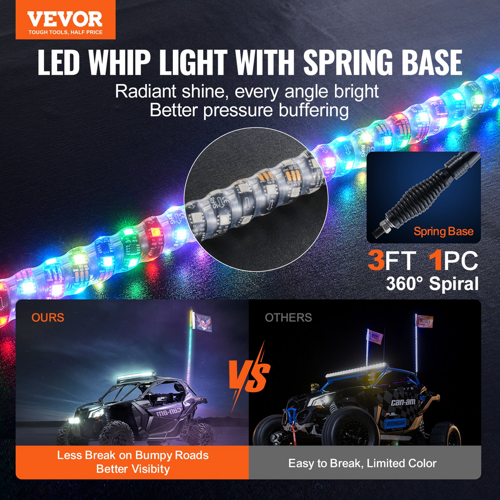 VEVOR LED Whip Light con base de resorte con aplicación y control remoto impermeable 360 °