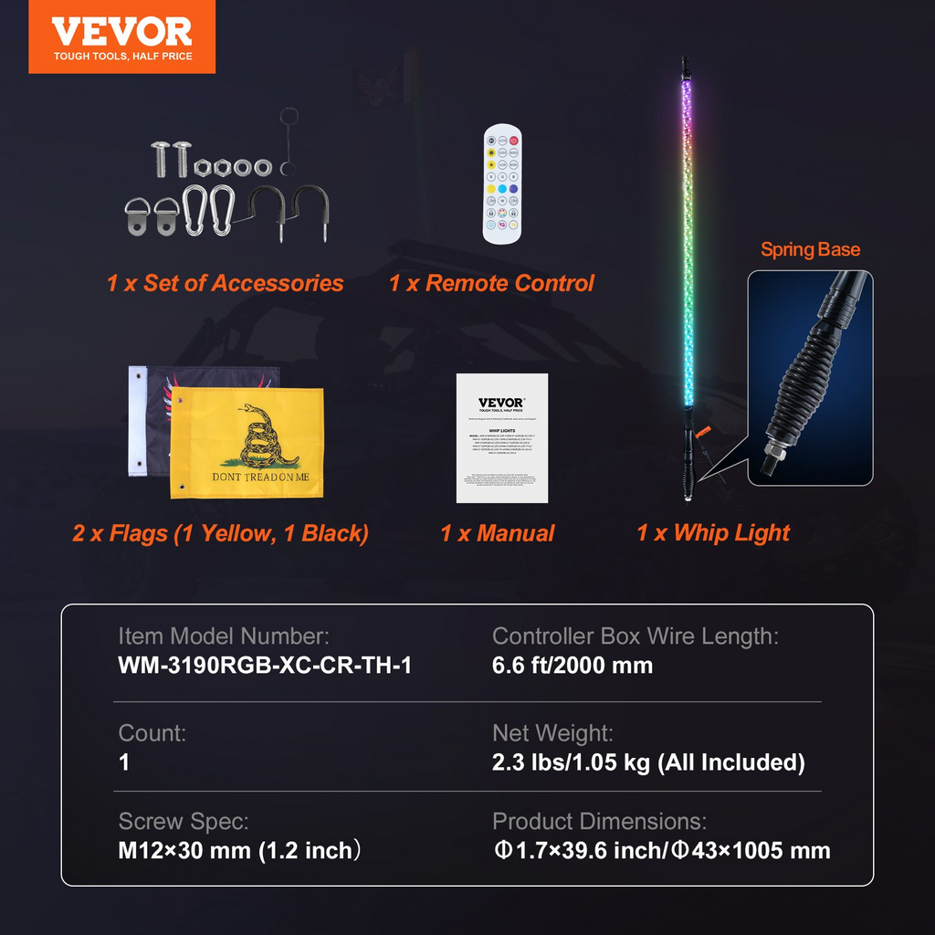 VEVOR LED Whip Light con base de resorte con aplicación y control remoto impermeable 360 °
