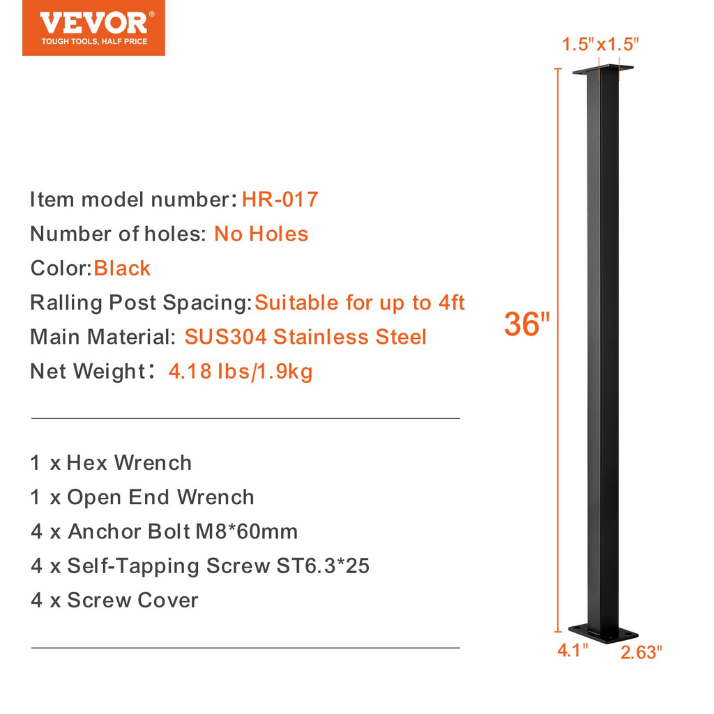 VEVOR Poste de pasamanos de cable para cubierta nivel de poste de 36 x 1,5 x 1,5 pulgadas