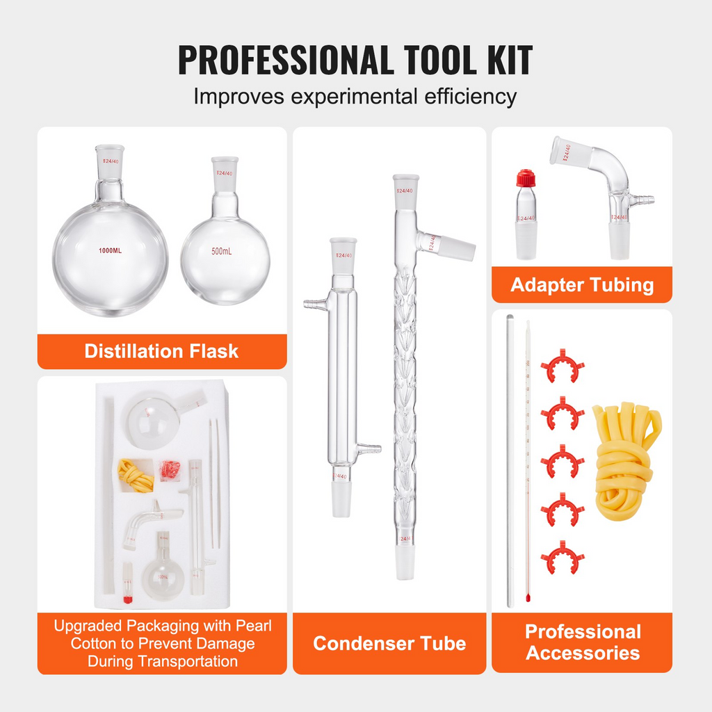 Kit de destilación de laboratorio VEVOR borosilicato 3,3 con 24 juntas y 40 1000 ml