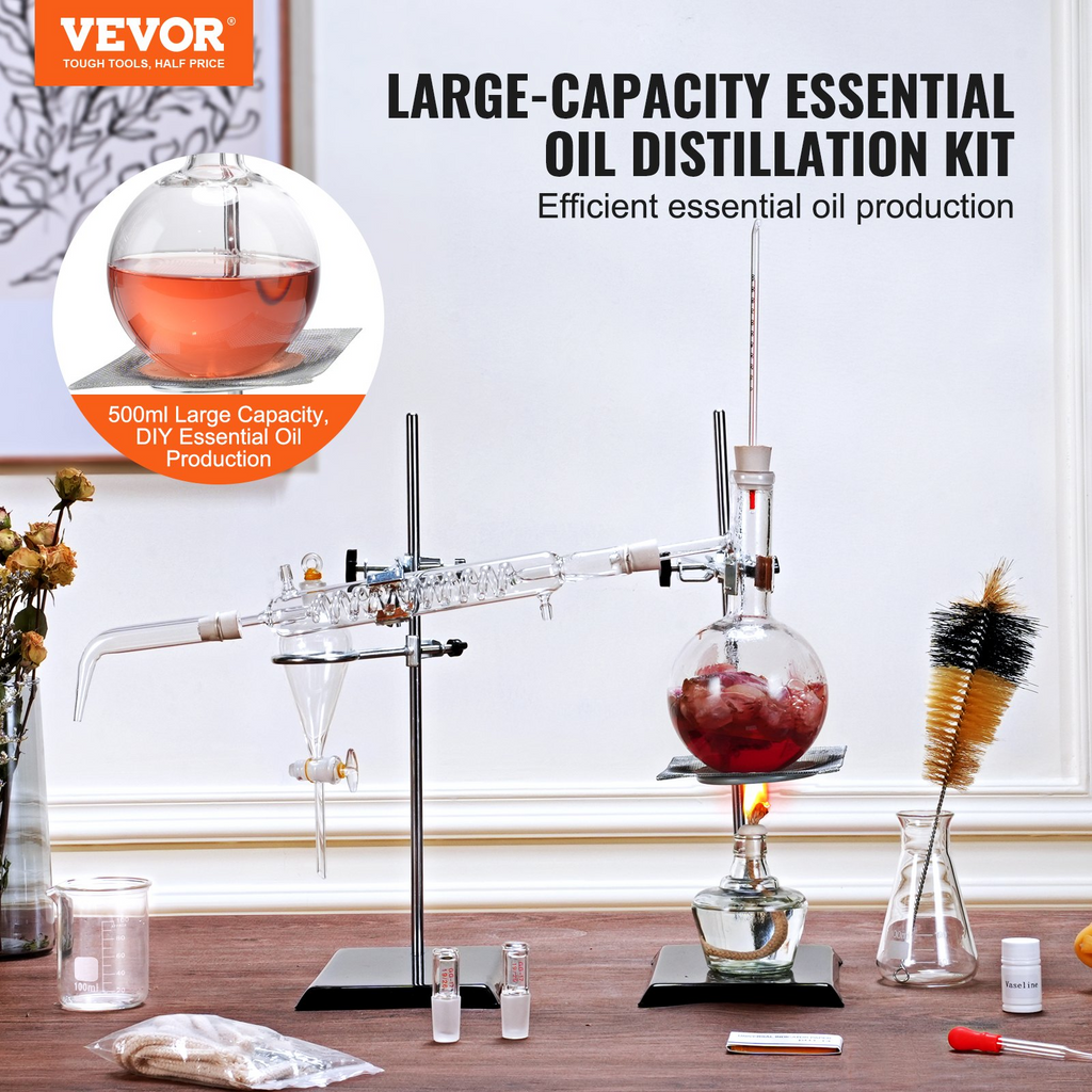 Kit de destilación de aceites esenciales VEVOR 500 ml de borosilicato 3,3 con lámpara de alcohol Malla de cerámica y juntas de 24, 40