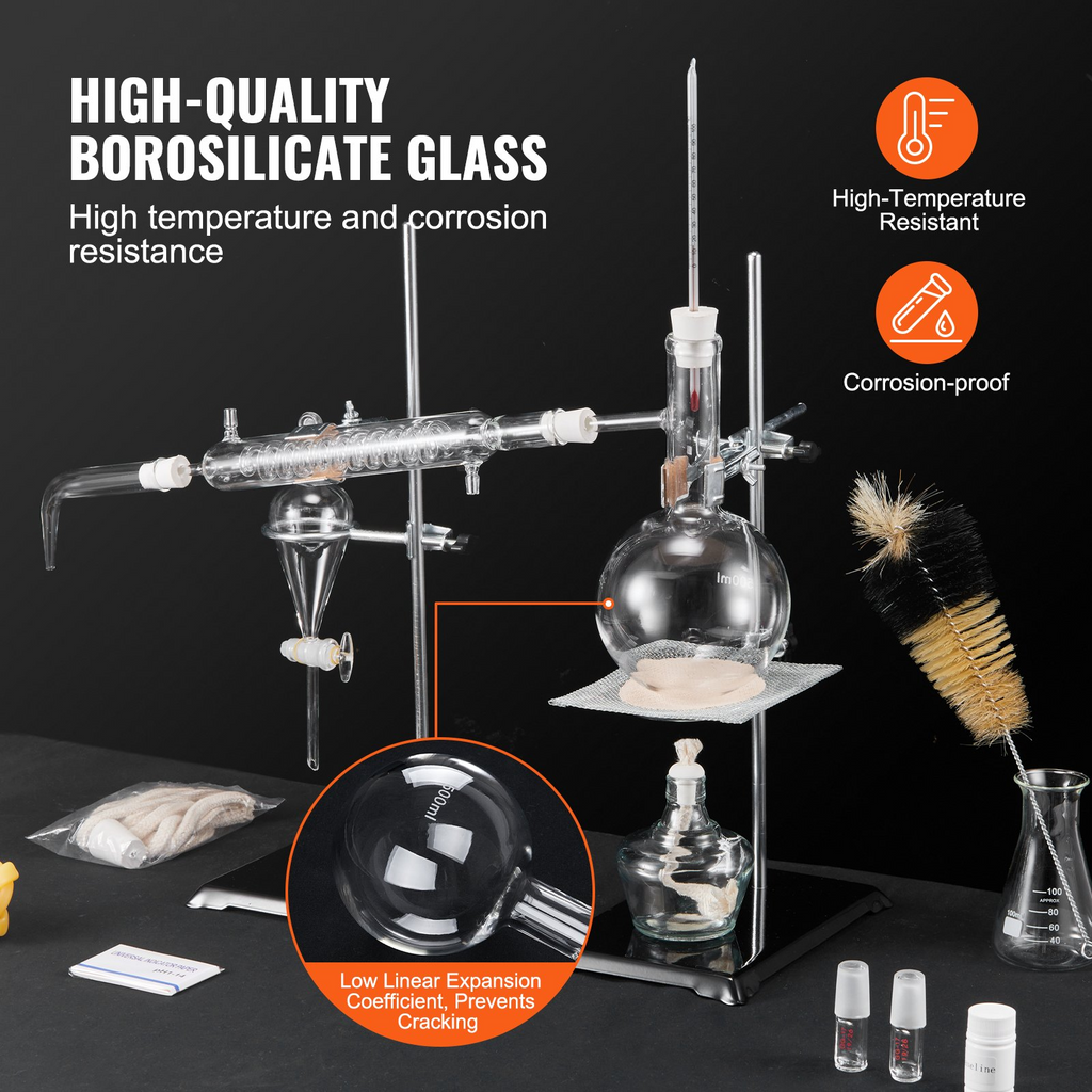Kit de destilación de aceites esenciales VEVOR 500 ml de borosilicato 3,3 con lámpara de alcohol Malla de cerámica y juntas de 24, 40