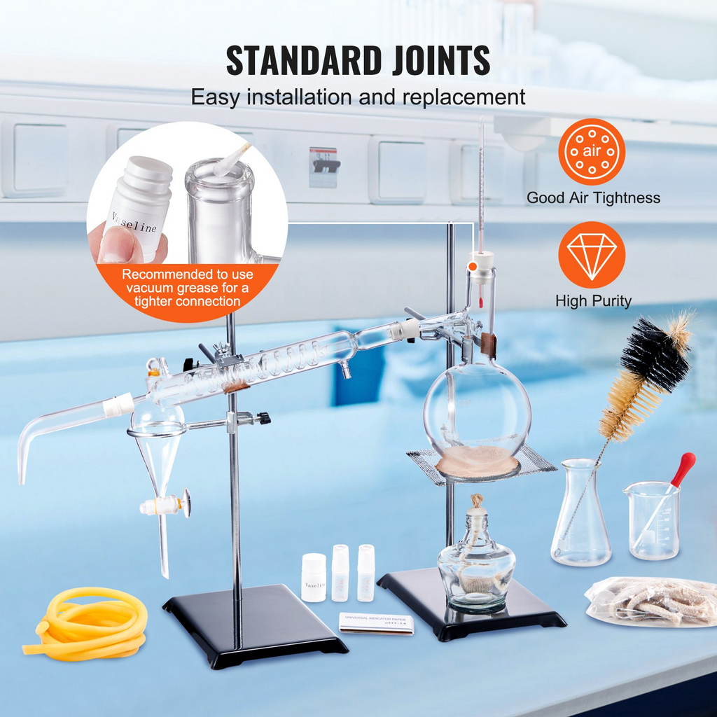 Kit de destilación de aceites esenciales VEVOR 500 ml de borosilicato 3,3 con lámpara de alcohol Malla de cerámica y juntas de 24, 40