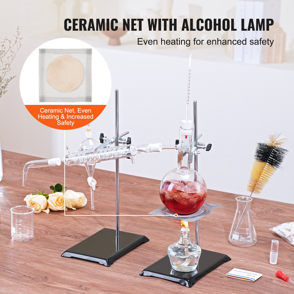Kit de destilación de aceites esenciales VEVOR 500 ml de borosilicato 3,3 con lámpara de alcohol Malla de cerámica y juntas de 24, 40