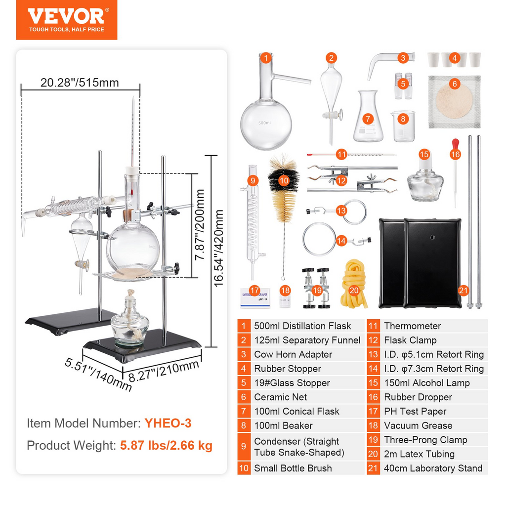 Kit de destilación de aceites esenciales VEVOR 500 ml de borosilicato 3,3 con lámpara de alcohol Malla de cerámica y juntas de 24, 40