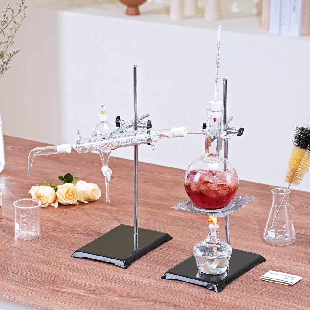 Kit de destilación de aceites esenciales VEVOR 500 ml de borosilicato 3,3 con lámpara de alcohol Malla de cerámica y juntas de 24, 40