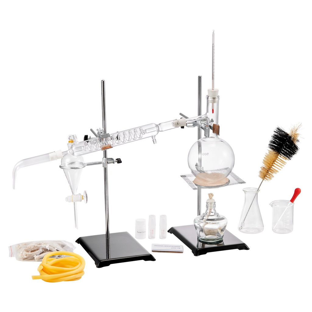 Kit de destilación de aceites esenciales VEVOR 500 ml de borosilicato 3,3 con lámpara de alcohol Malla de cerámica y juntas de 24, 40