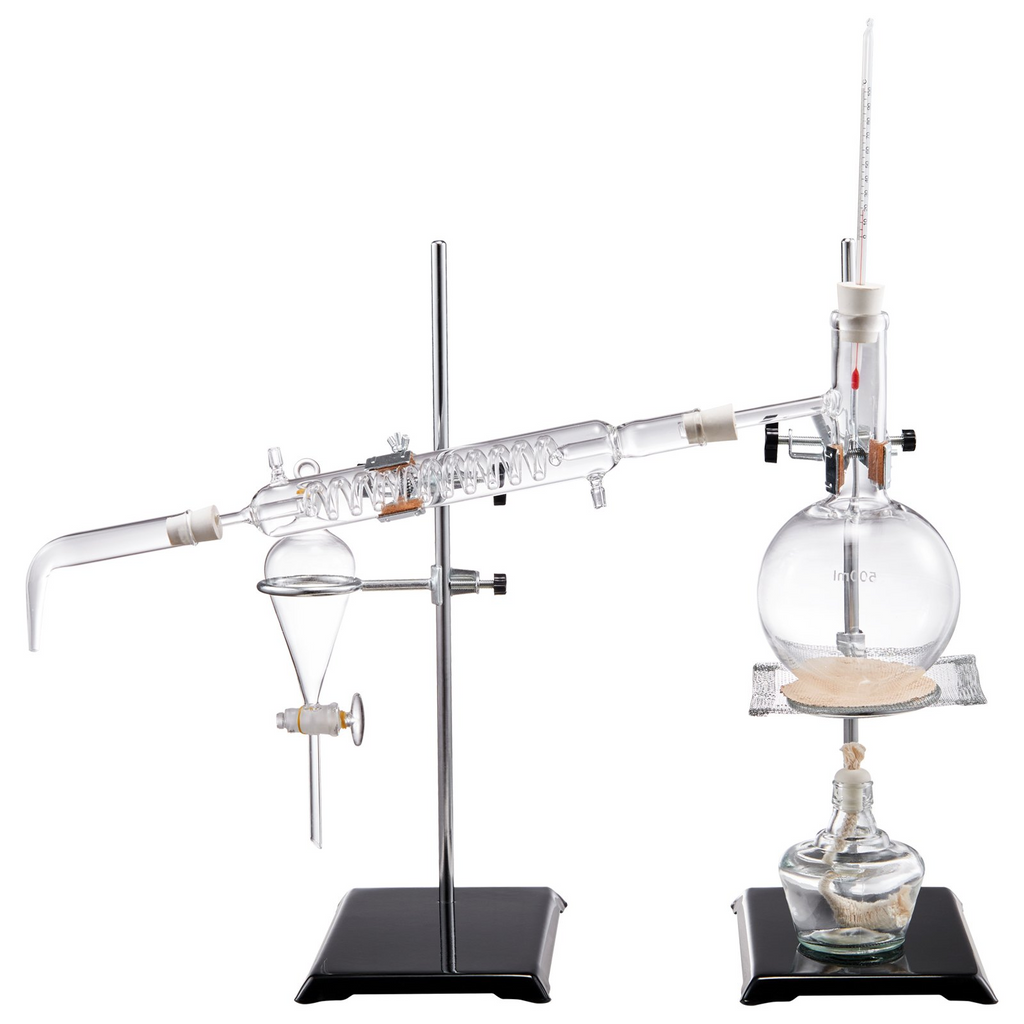 Kit de destilación de aceites esenciales VEVOR 500 ml de borosilicato 3,3 con lámpara de alcohol Malla de cerámica y juntas de 24, 40