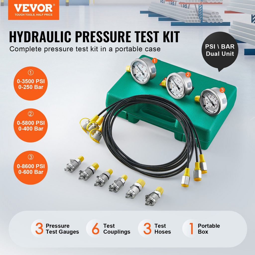 Kit de prueba de presión hidráulica VEVOR 250/400/600 bar 3 manómetros 6 acoplamientos de prueba 3 mangueras de prueba